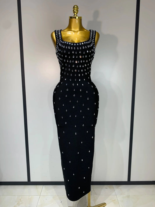 Luxury Rhinestone Bandage Long Dress Elastic Sleeveless Bodycon High Street Evening Club Party Elegant Birthday Prom Gowns black