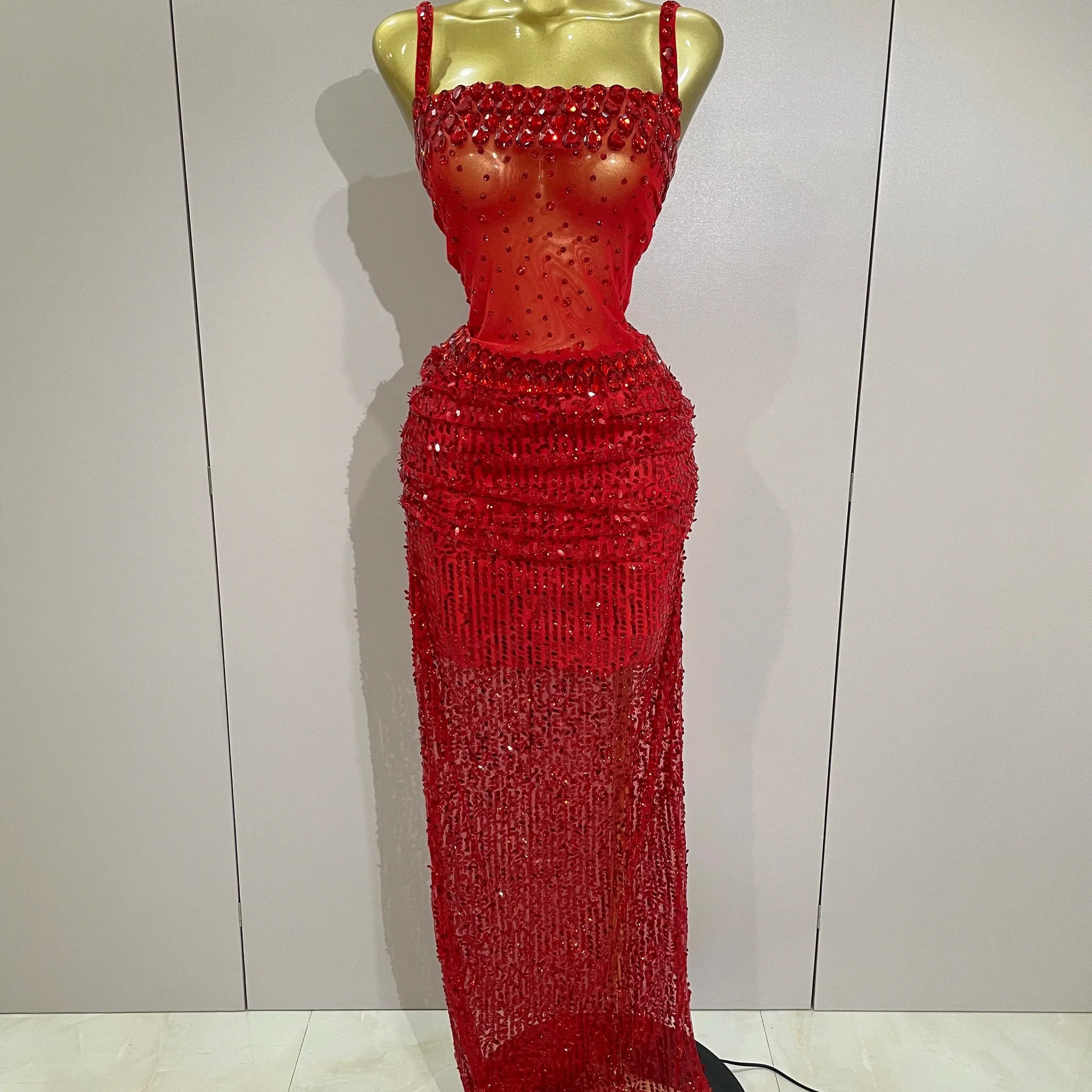 Sparkly Red Rhinestones Sequins Sexy See Through 2PCS Long Dress Women Celebrate Evening Birthday Party Dress Stage Costumes Red