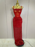 Sparkly Red Rhinestones Sequins Sexy See Through 2PCS Long Dress Women Celebrate Evening Birthday Party Dress Stage Costumes Red