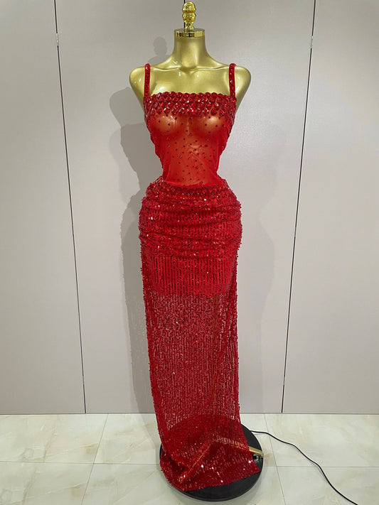 Sparkly Red Rhinestones Sequins Sexy See Through 2PCS Long Dress Women Celebrate Evening Birthday Party Dress Stage Costumes Red