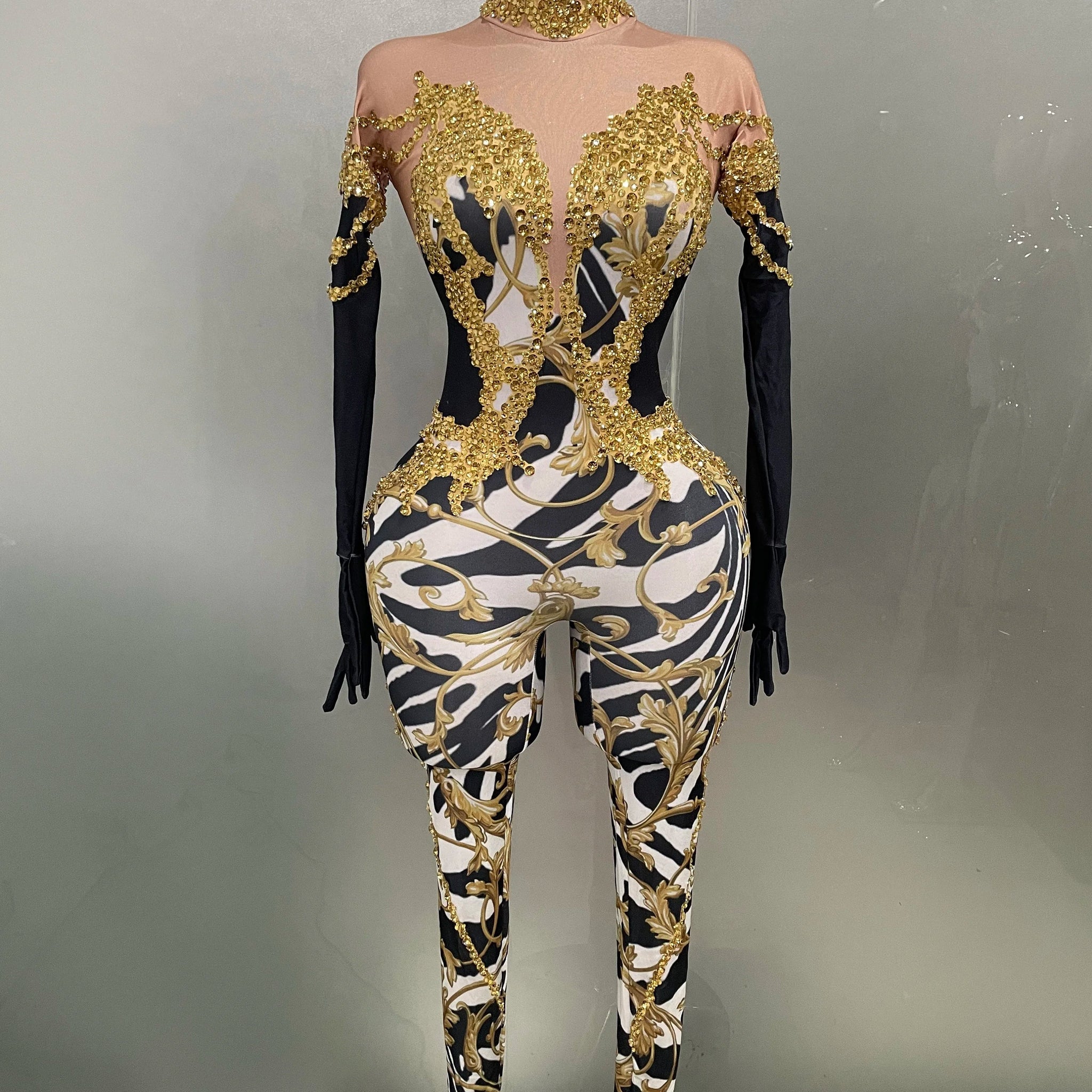 Sparkly Gold Rhinestones Jumpsuit With Gloves Women Sexy Printed Party Nightclub Bar Singer Stage Performance Costume Gold