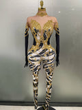 Sparkly Gold Rhinestones Jumpsuit With Gloves Women Sexy Printed Party Nightclub Bar Singer Stage Performance Costume Gold