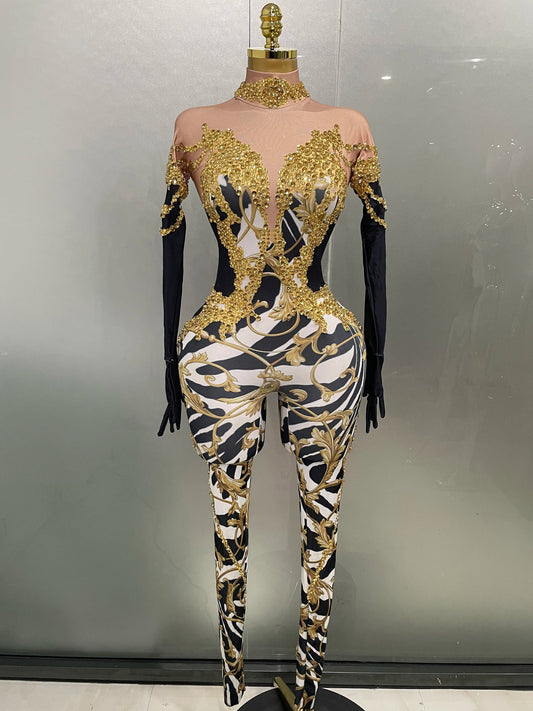 Sparkly Gold Rhinestones Jumpsuit With Gloves Women Sexy Printed Party Nightclub Bar Singer Stage Performance Costume Gold
