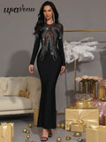 2025 Sexy Women'S Light Luxury Rhinestone Mesh Patchwork Bandage Dress O-Neck Long Sleeved Bodycon Evening Club Party Long Dress