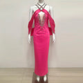 New Women Celebrity Sexy Key Hole Beading Diamonds Pink Maxi Long Bodycon Bandage Dress Elegant Evening Club Party Dress Rose Red