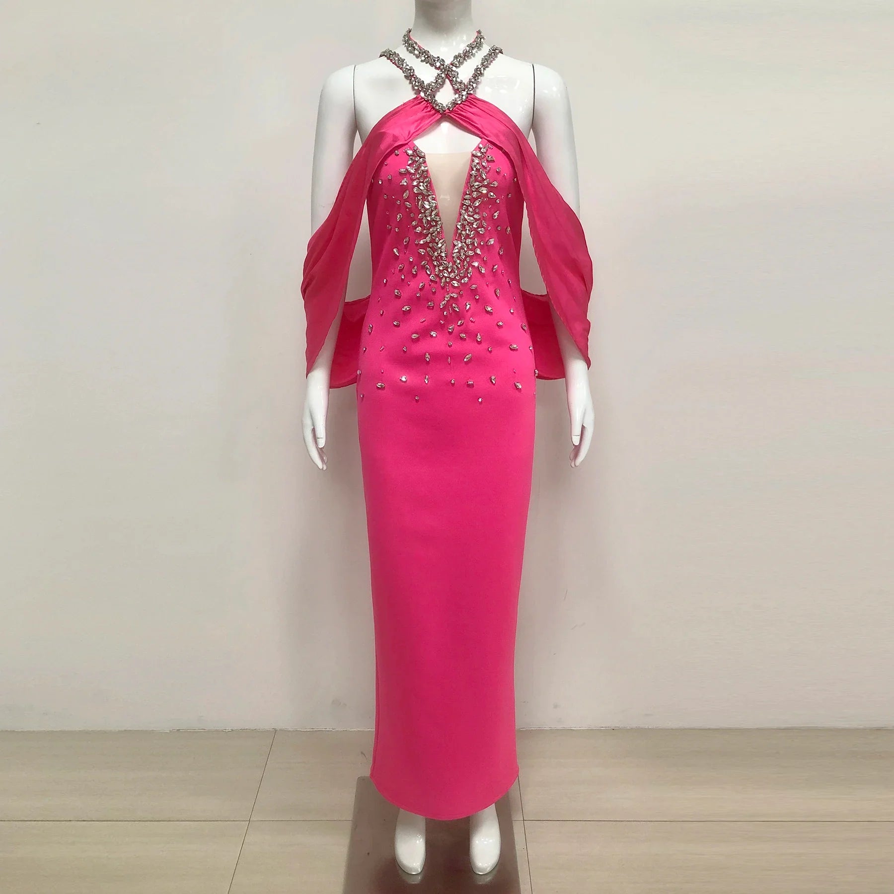 New Women Celebrity Sexy Key Hole Beading Diamonds Pink Maxi Long Bodycon Bandage Dress Elegant Evening Club Party Dress Rose Red