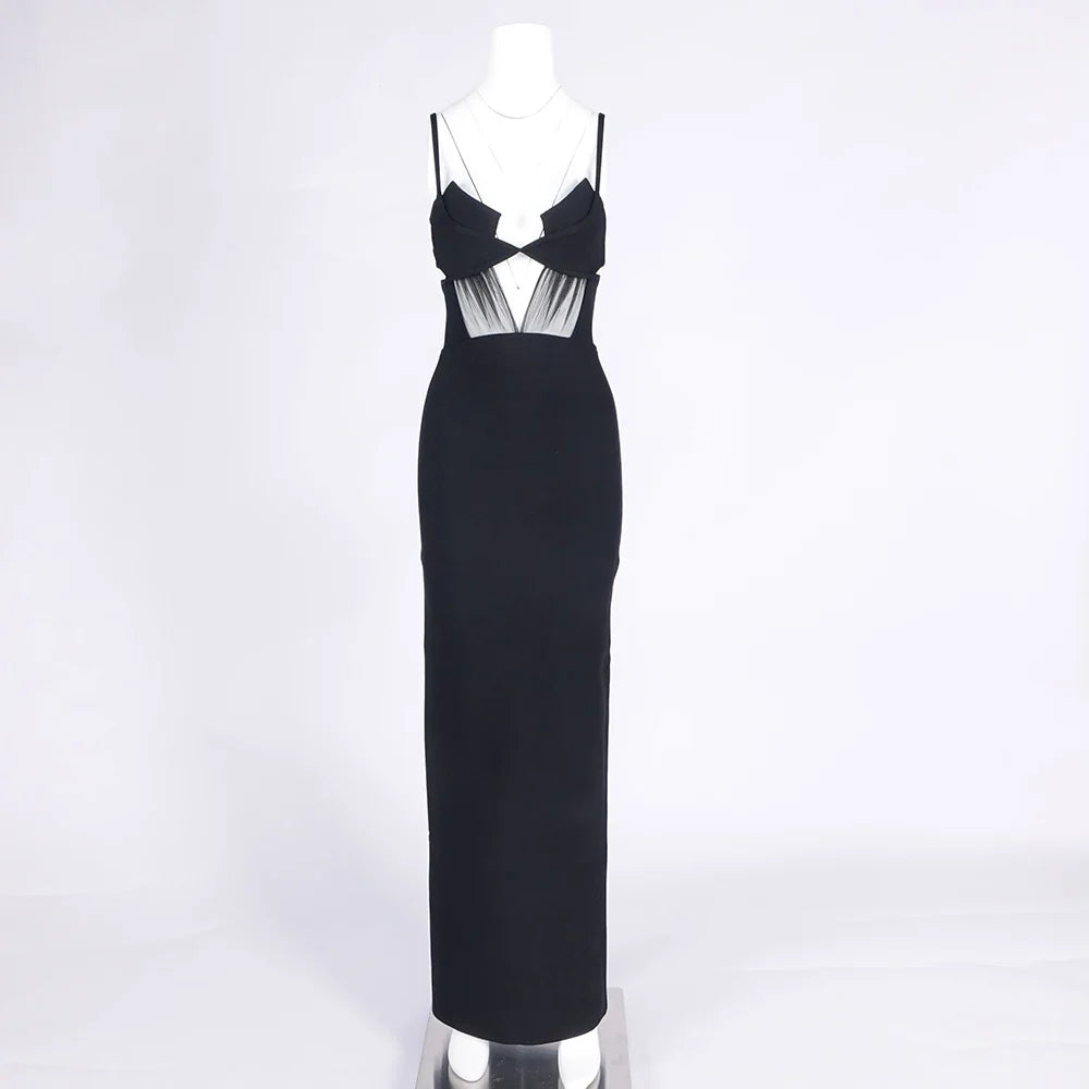 Arrival Black Color Women Sleeveless Sexy Strap Mesh Bodycon Bandage Long Dress Celebrate Birthday Party Evening Outfit black