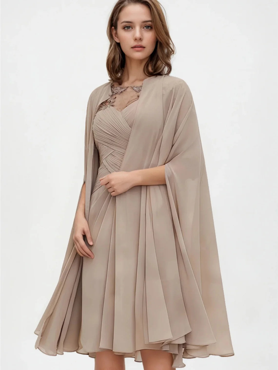 Mother Of The Bride Dress - Elegant Sheath Chiffon Dress Bateau Neckline Half Sleeve Knee-Length Appliqued Pleated Jacke Evening Dress 2025 Free Customized Brown