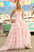 Baby Pink Multilayer Prom Dress Princess Evening Dresses Tulle Sweep Train Party Dresses Sleeveless Robe De Soirée