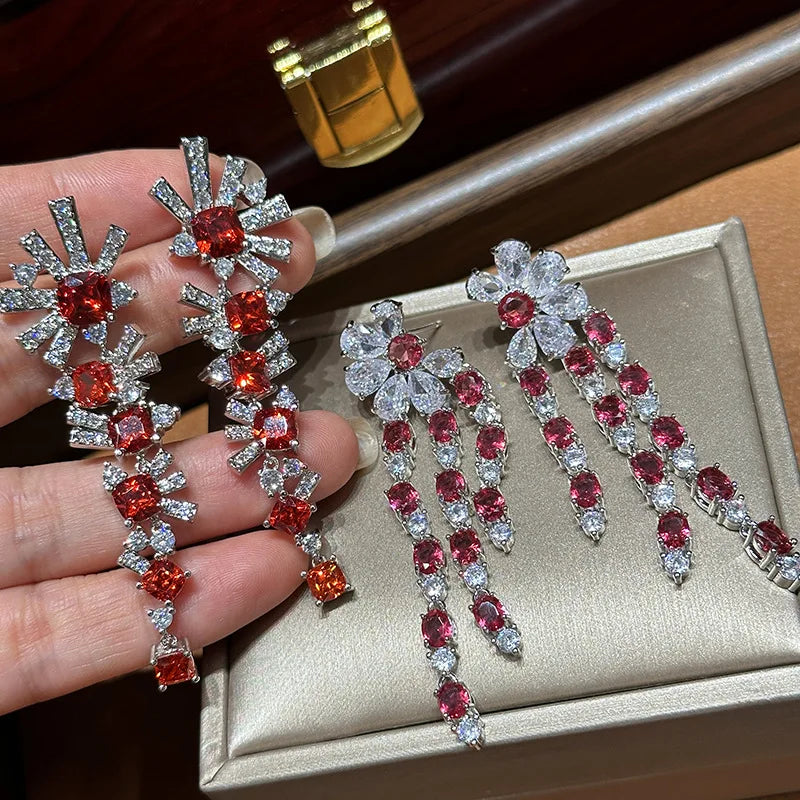 Vintage Red AAA Zircon Bridal Earrings Cubic Zirconia Wedding Earring For Women Brides Accessories Dinner Party Dress Jewelry