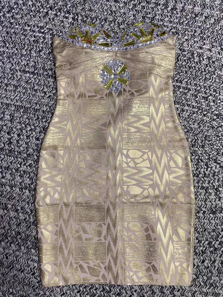 Black Silver Gold Foil Women Sexy Strapless Crystal Bodycon Mini Dress Rayon Bandage Fashion Nightclub Party Celebrate Dress