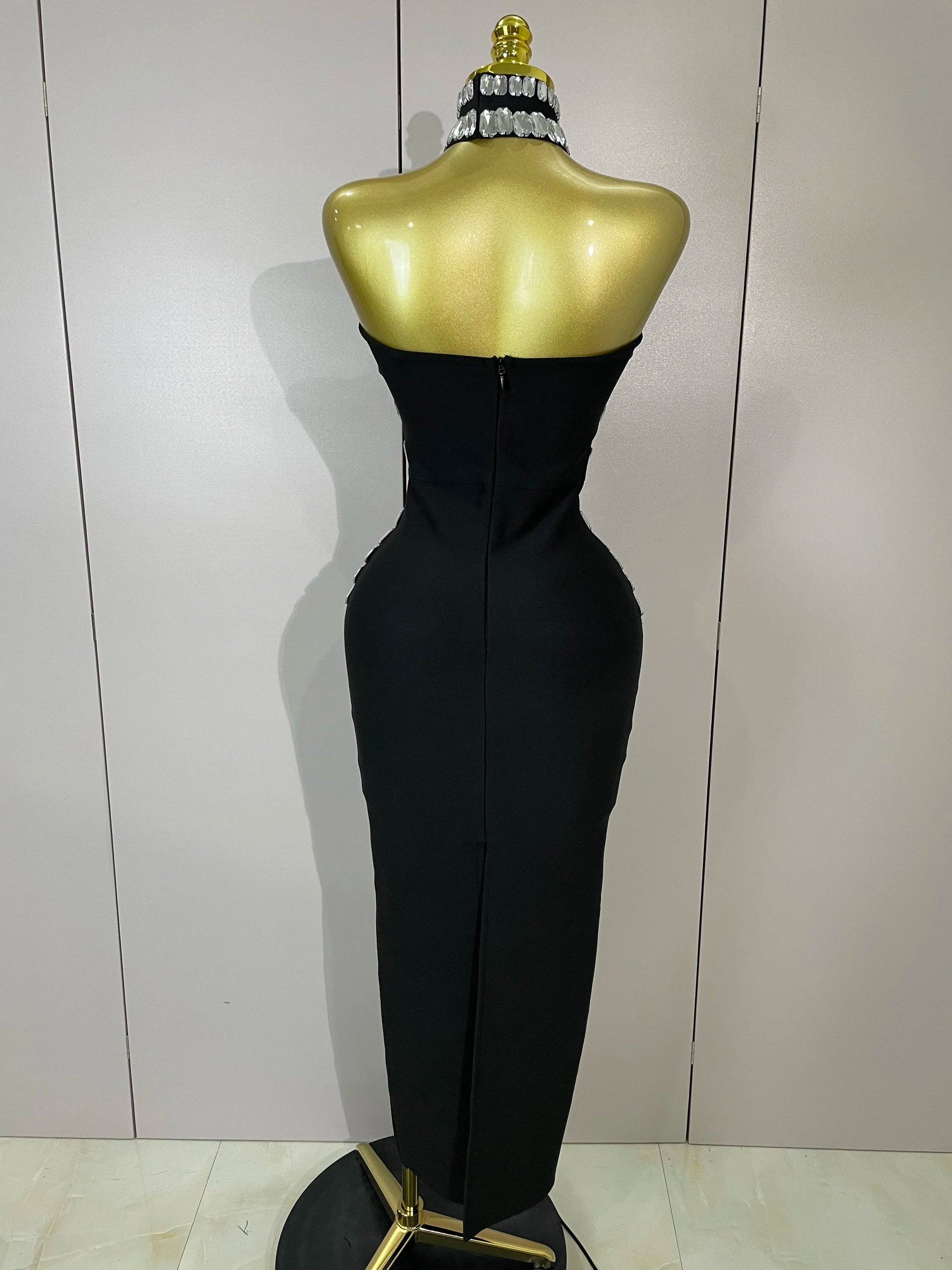 Women Sexy Backless Strapless Black Beading Long Bandage Bodycon Dress Celebrity Elegant Evening Luxury Birthday Dresses