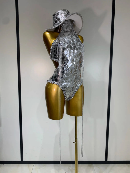 Sprakly Silver Bodysuit Sexy Two Pieces Outfit Dancer Birthday Evening Party Celebrate Performance Singer Stage Perform Outfit
