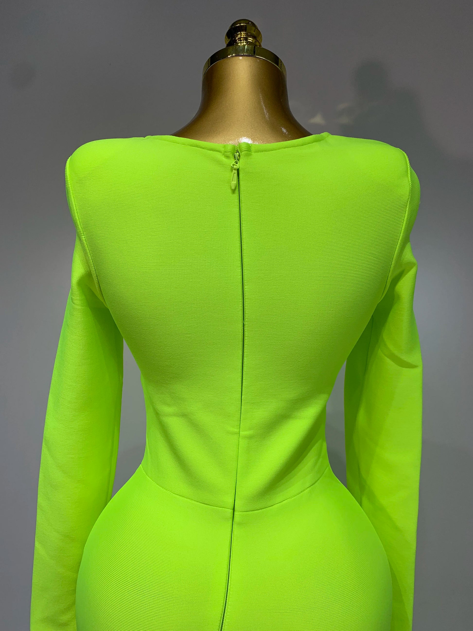 Women Sexy Long Sleeve Square Collar Fluorescent Green Midi Bodycon Bandage Dress Elegant Evening Birthday Party Dresses