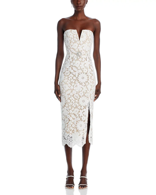 Arrival Women Sexy Strapless Lace Bodycon Mid-calf Dress Belt Fashion Birthday Party Celebrate Evening Cocktail Dress Ivory
