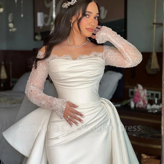 Weiße Meerjungfrau Brautkleider formell von der Schulter Langarm Brautkleid Boho Beach Hochzeit Prom Kleid Custom Größe