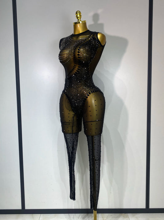 Women Sexy Mesh See Through Crystal Chain Black Bodycon Jumpsuit Celebrity Designer Dancer Night Club Rompers Stage Costume