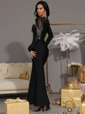 2025 Sexy Women'S Light Luxury Rhinestone Mesh Patchwork Bandage Dress O-Neck Long Sleeved Bodycon Evening Club Party Long Dress