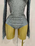 Sparkle Silver Rhinestones Long Sleeve Stretch Bodysuits Women Evening Luxury Birthday Party Sexy Nightclub Stage Costu