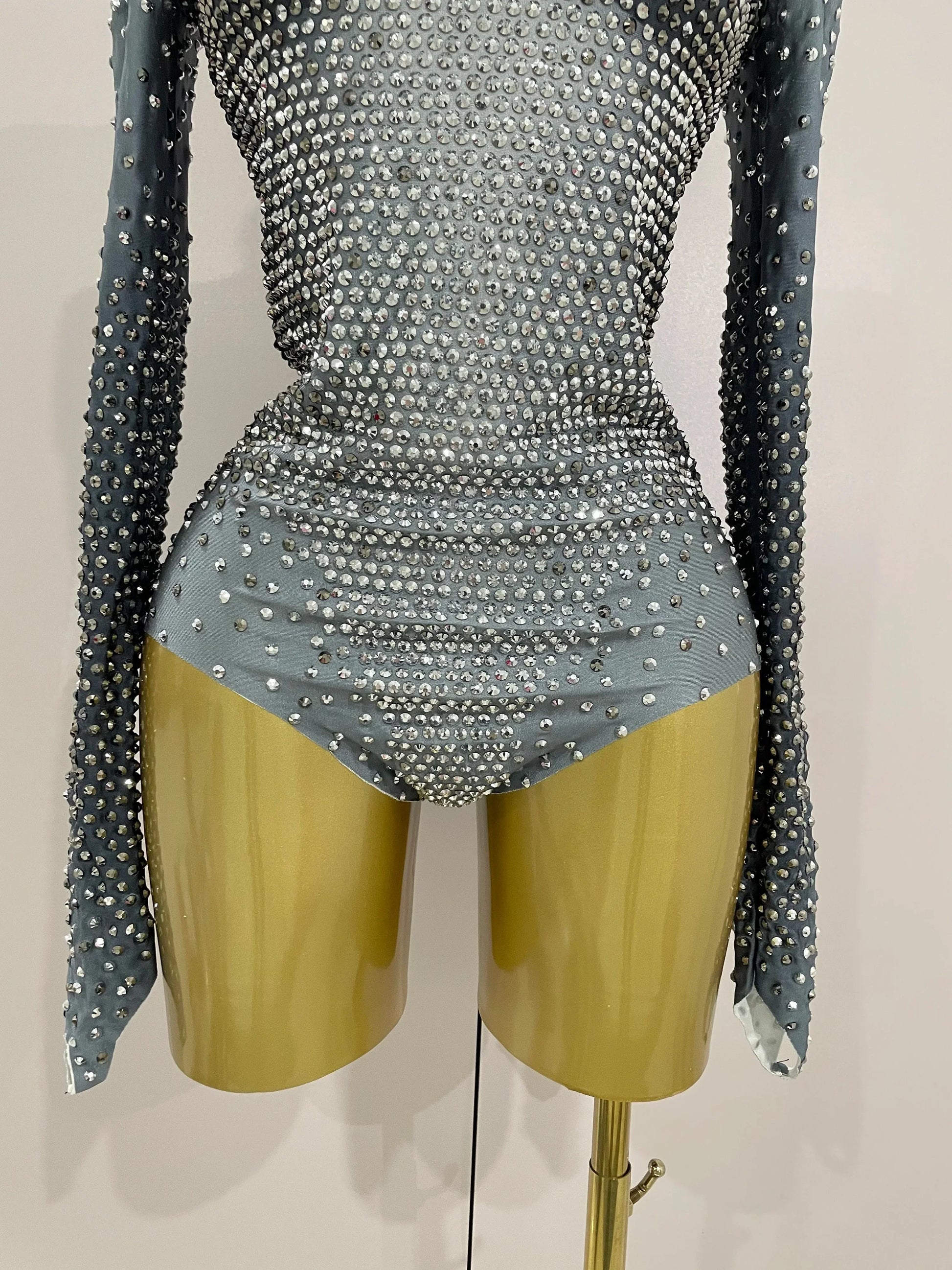 Sparkle Silver Rhinestones Long Sleeve Stretch Bodysuits Women Evening Luxury Birthday Party Sexy Nightclub Stage Costu