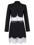 Sexy Women's Light Luxury Diamond Tassel Skirt Set with Flip Collar Long Sleeve Ultra Short Suit Coat+Mini Skirt Two Piece Set