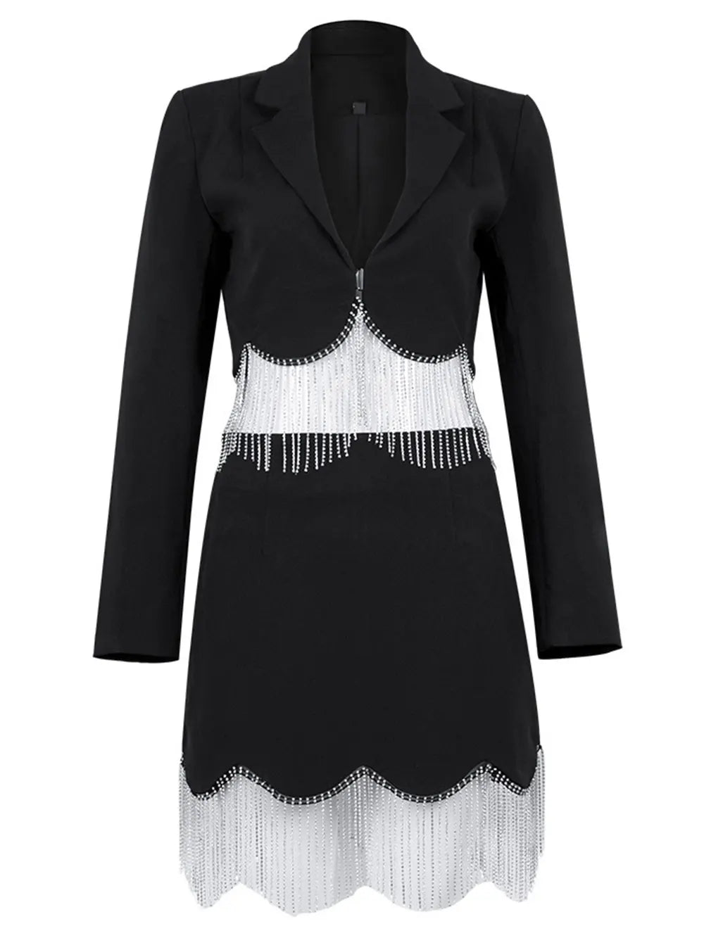 Sexy Women's Light Luxury Diamond Tassel Skirt Set with Flip Collar Long Sleeve Ultra Short Suit Coat+Mini Skirt Two Piece Set