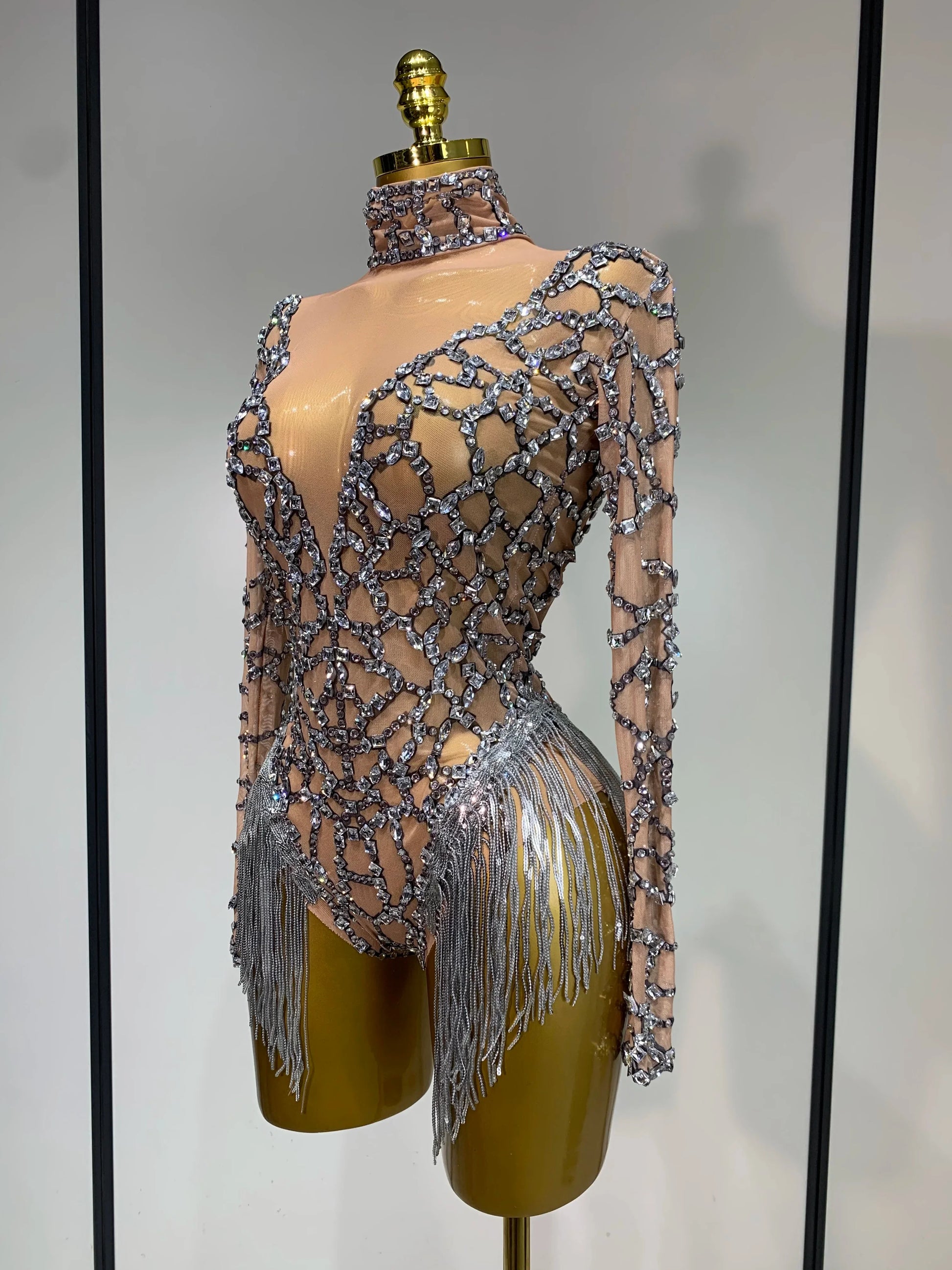 Shining Diamond Tassel Bodysuit Nightclub Stage Tight Mesh Long Sleeved High Quality Nightclub Singer Performance Costume