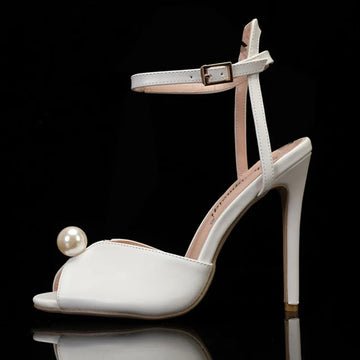 White PU Luxury Pearls Rhinestone Peep Toe Ankle Strap High Heel Sandals for Women White