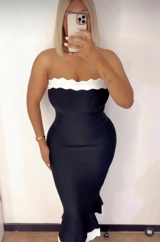 Black Color Women Sleeveless Sexy Strapless Bodycon Mermaid Bandage Mid-calf Dress Nightclub Party Birthday Cocktail Dress black