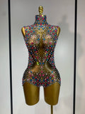 Sparkly Colorful Rhinestones Crystals Leotard Luxury Birthday Celebrate Sexy Outfit Sleeveless Mesh Bodysuit Stage Costume MULTI
