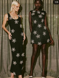 New Arrival Women Sleeveless Sexy O-Neck Diamond Flowers Bodycon Long Bandage Dress Celebrate Evening Party Office Lady Outfit black