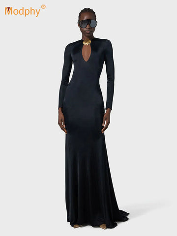 Elegant Solid Women Long Sleeved Floor Length Dress Sexy Party Backless Slim Female Maxi Dresses Summer Chic Lady Robe