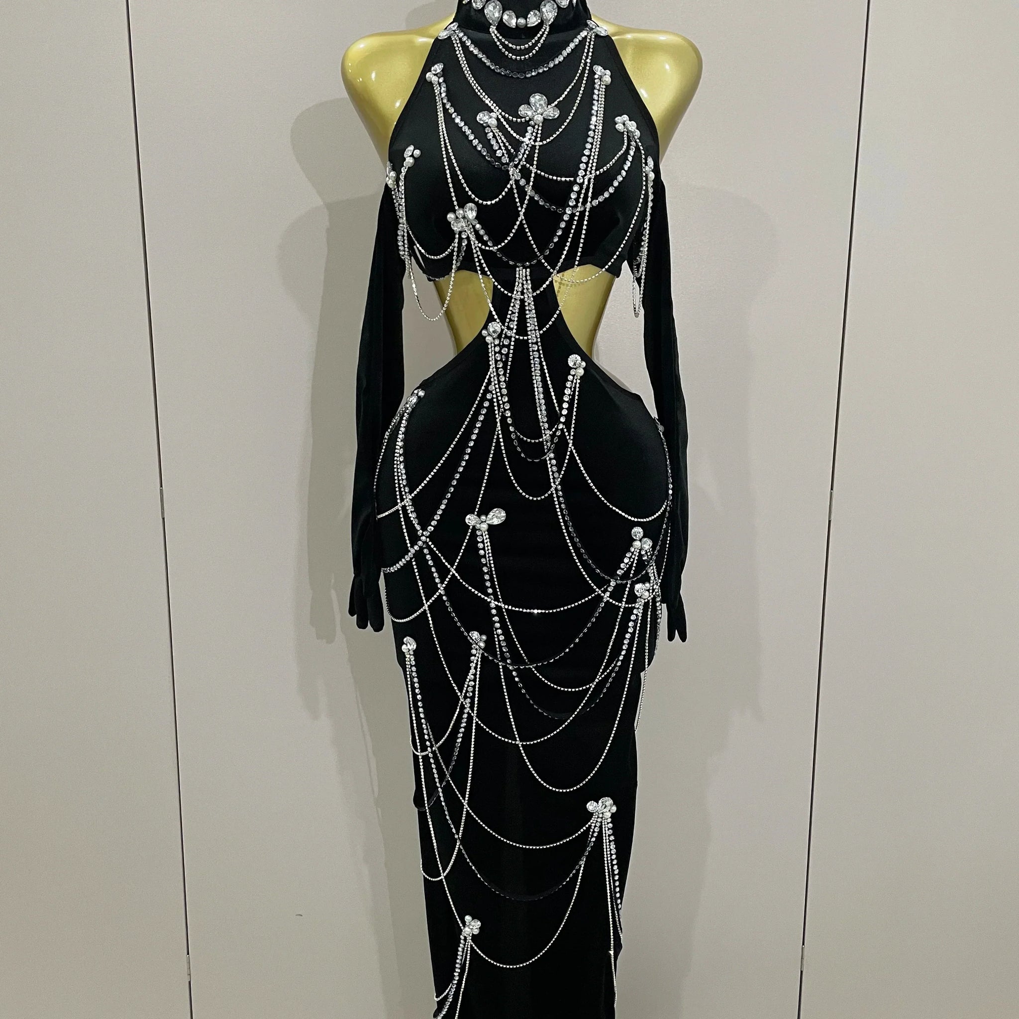Women Sparkly Diamonds Tassels Chain Balck Sexy Halter Backless Long Dress Evening Birthday Party Celebrate Stage Costume black