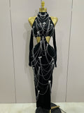 Women Sparkly Diamonds Tassels Chain Balck Sexy Halter Backless Long Dress Evening Birthday Party Celebrate Stage Costume black