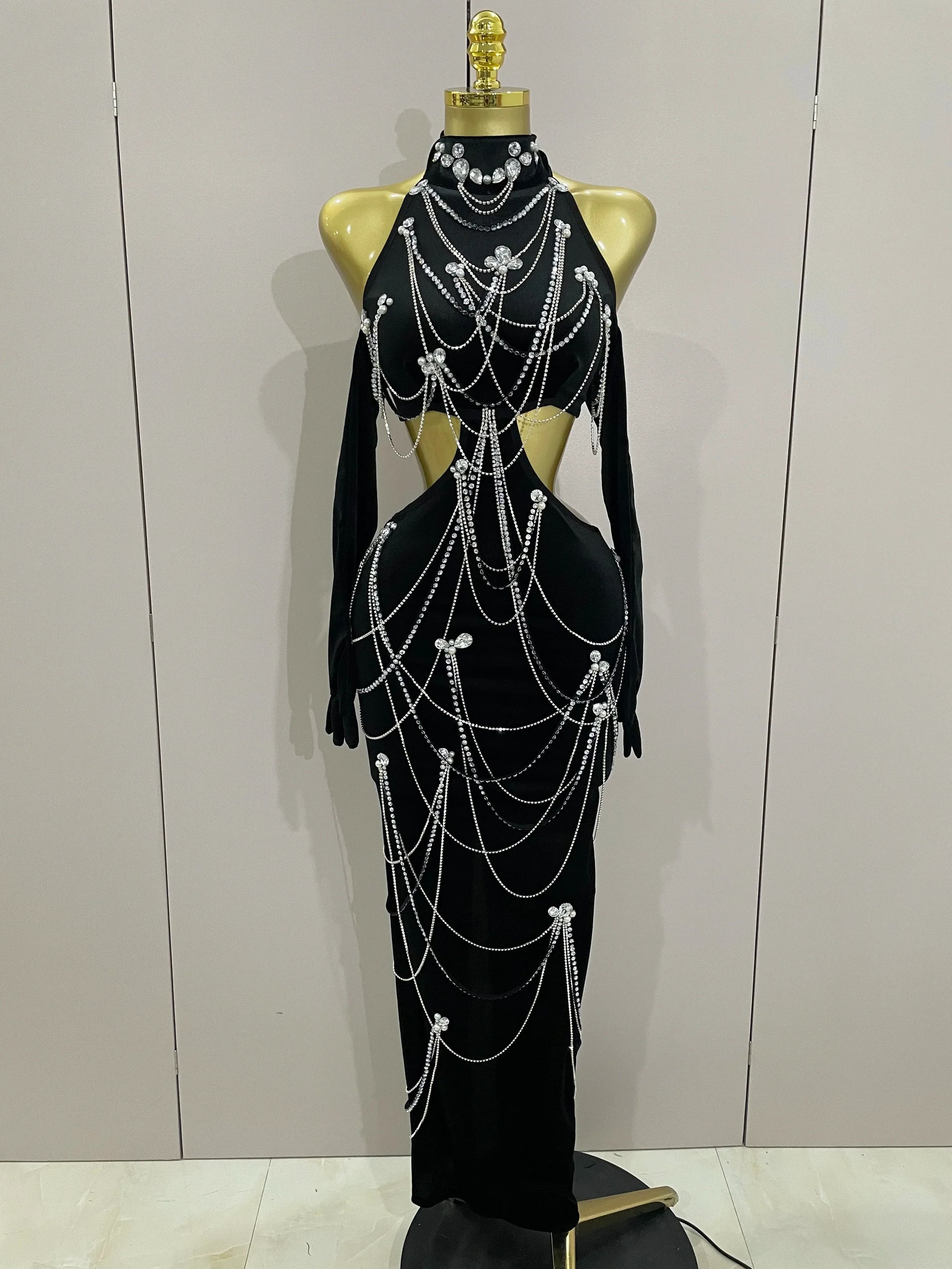 Women Sparkly Diamonds Tassels Chain Balck Sexy Halter Backless Long Dress Evening Birthday Party Celebrate Stage Costume black