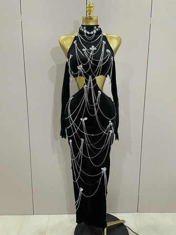 Women Sparkly Diamonds Tassels Chain Balck Sexy Halter Backless Long Dress Evening Birthday Party Celebrate Stage Costume black