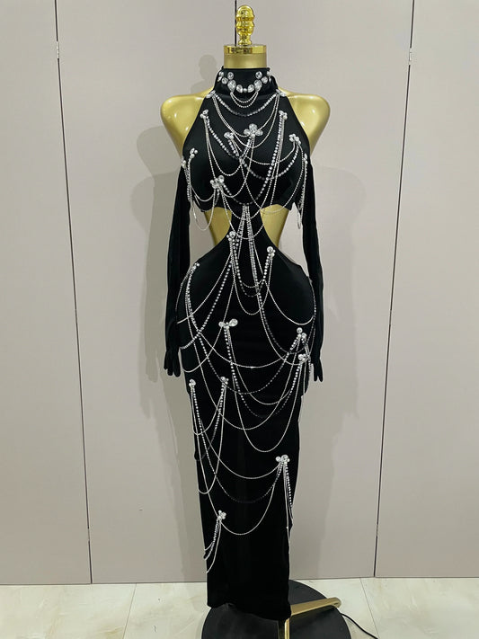 Women Sparkly Diamonds Tassels Chain Balck Sexy Halter Backless Long Dress Evening Birthday Party Celebrate Stage Costume black