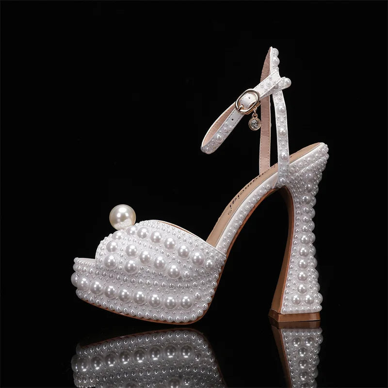 Summer Beaded Thick Heeled Women Gladiator Sandals Luxury Pearls Platform Wedges 14cm High heels Fashion Wedding Banquet Shoes White