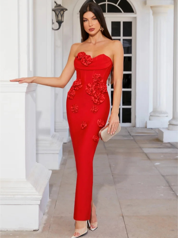 Pink Red Women Sexy Strapless Florlas Bodycon Bandage Long Dress Celebrate Nightclub Party Birthday Fashion Dress Outfit Red