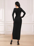 Sexy Women'S Light Luxury Nail Bead Bandage Dresses V-Neck Long Sleeved Hollow Design Bodycon Split Length Dress Vestidos