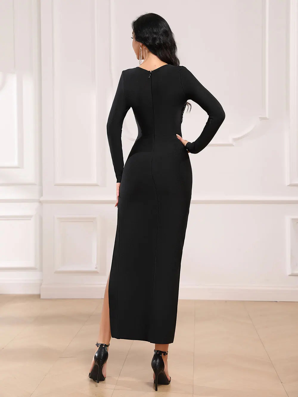 Sexy Women'S Light Luxury Nail Bead Bandage Dresses V-Neck Long Sleeved Hollow Design Bodycon Split Length Dress Vestidos