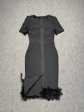 Black Color Women Sexy Sqaure Collar Short Sleeve Bodycon Bandage Mid-calf Dress Celebrate Evening Party Cocktail Dress