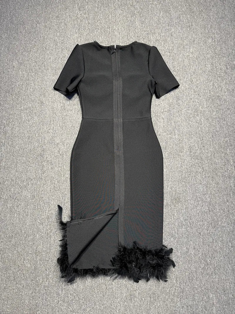 Black Color Women Sexy Sqaure Collar Short Sleeve Bodycon Bandage Mid-calf Dress Celebrate Evening Party Cocktail Dress