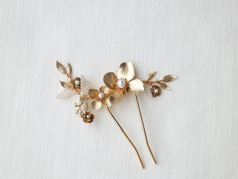 Bridal Jewelry Pearl Hair Comb Pin Clip Leaf Flower Head Piece For Brides Women Vintage Gold Color Hairpin Wedding Accessories a
