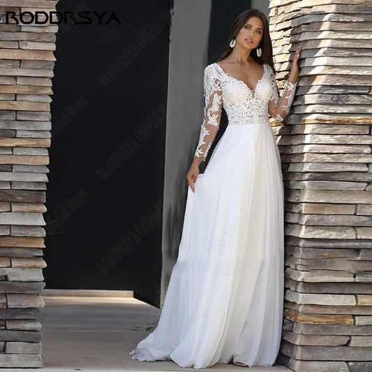 Roddrsya Elegant Boho V-Ausschnitt Spitzen Chiffon Brautkleider für Frauen Langarmes Hochzeitskleider a-Linie-Line Vestidos de Novia