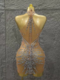 Women Sleeveless Sexy Off the Shoulder Shinning Crystal Bodycon Mini Dress Mesh See Through Celebrate Nightclub Party Stage Wear