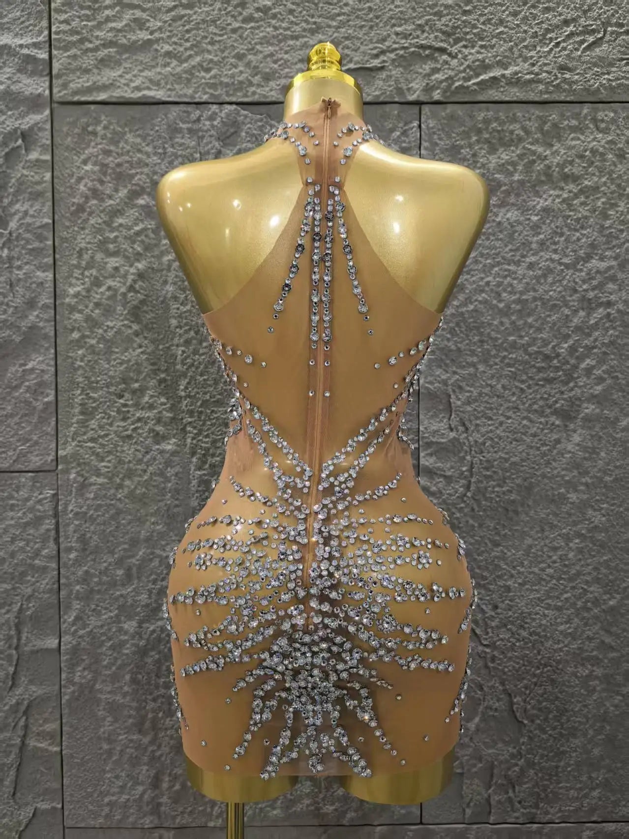 Women Sleeveless Sexy Off the Shoulder Shinning Crystal Bodycon Mini Dress Mesh See Through Celebrate Nightclub Party Stage Wear