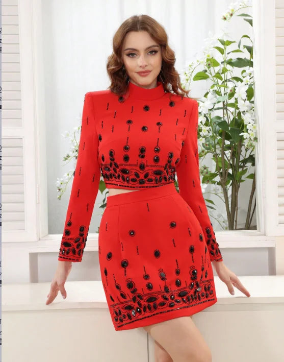 Women Heavy Industry Hot diamond Suit Short Skirt Set with Stand Collar Long Sleeve Hoodie Short Top+Mini Skirt Two Piece Set Red