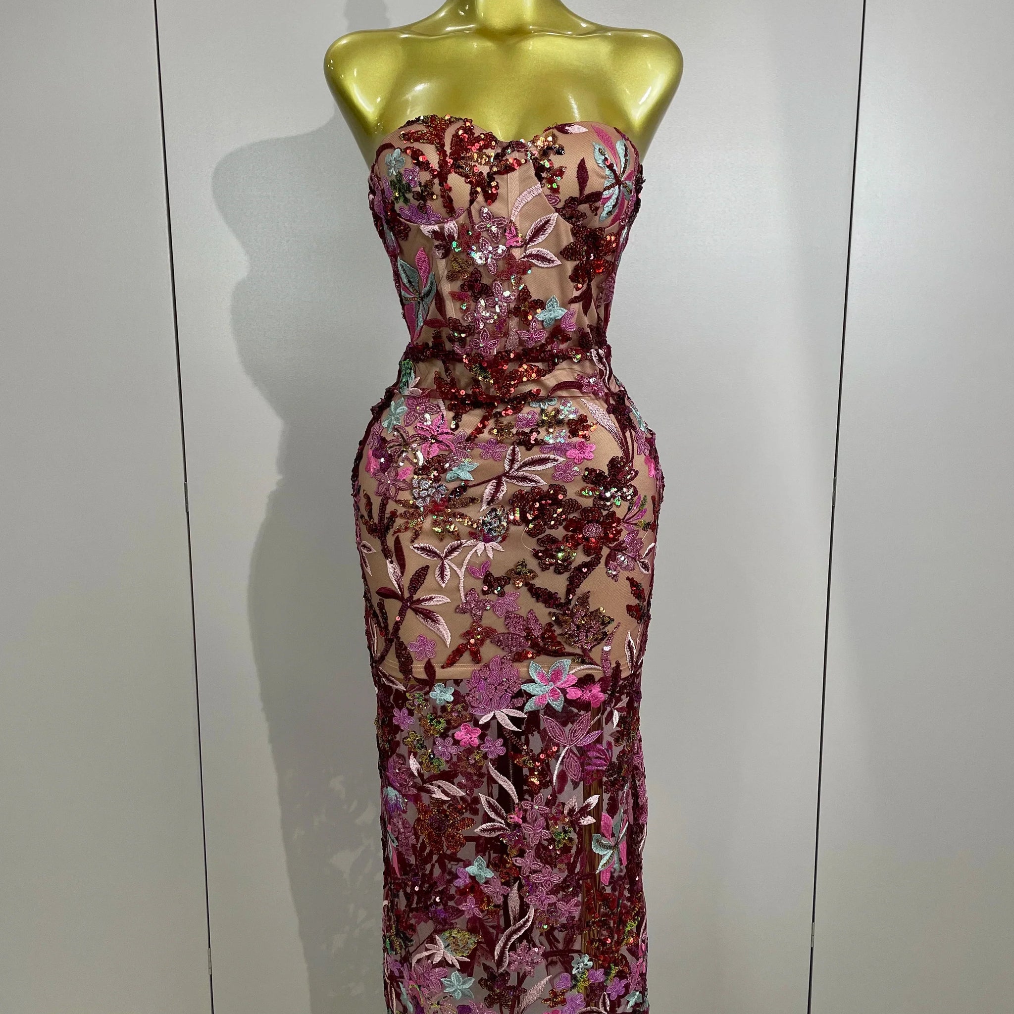 Sexy Strapless Floral Sequin Long Dress Women Sequins Flower Backless Long Slim Dress Evening Party Runway Gown Dress MULTI