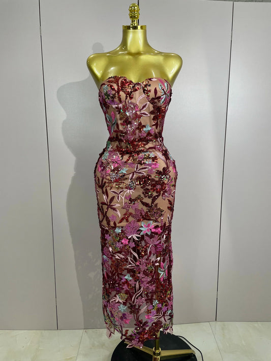 Sexy Strapless Floral Sequin Long Dress Women Sequins Flower Backless Long Slim Dress Evening Party Runway Gown Dress MULTI